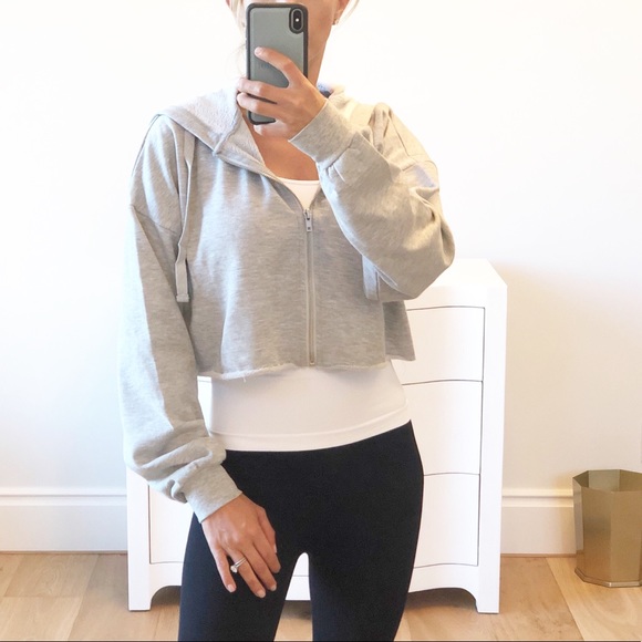 Looks by Lauren Tops - Small Cropped Boxy Zip Up Hoodie Jacket Gray